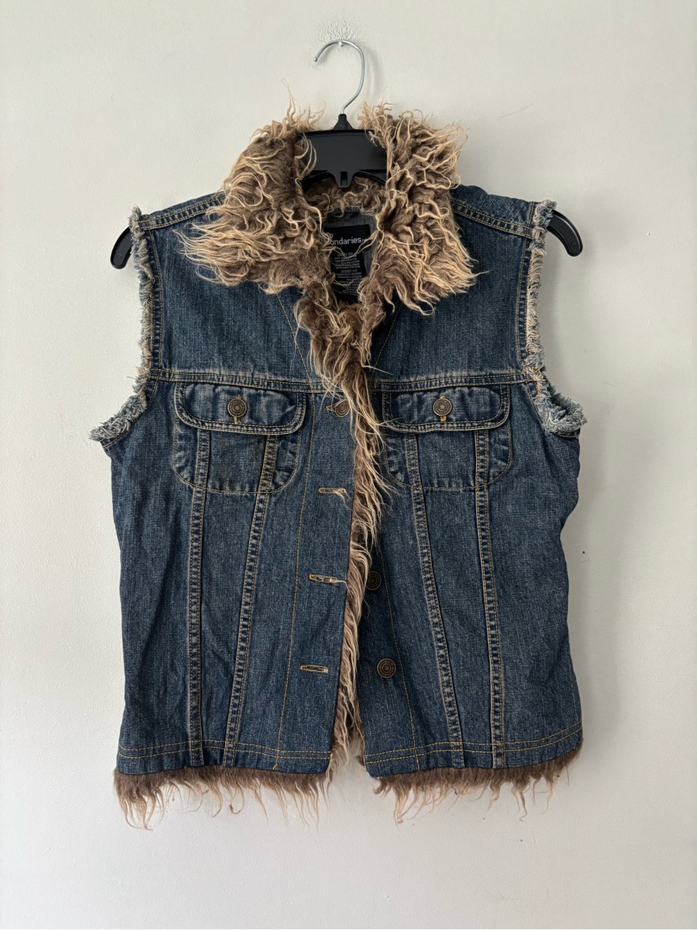 Y2K Faux Fur Denim Button Up Grunge Boho Vest - Size Small